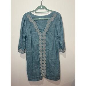 Haris Cotton Lace‎ Insert Mini Linen Dress with V Neckline Sz M Blue Silver
